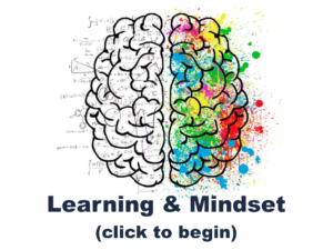 Artistic image of a brain, showing on the left a black and white half of the brain annottated with graphs, equations, and numbers. The right side of the brain displays several colors that are not inside the boarder of the brain. Underneath are the words Learning & Mindset.