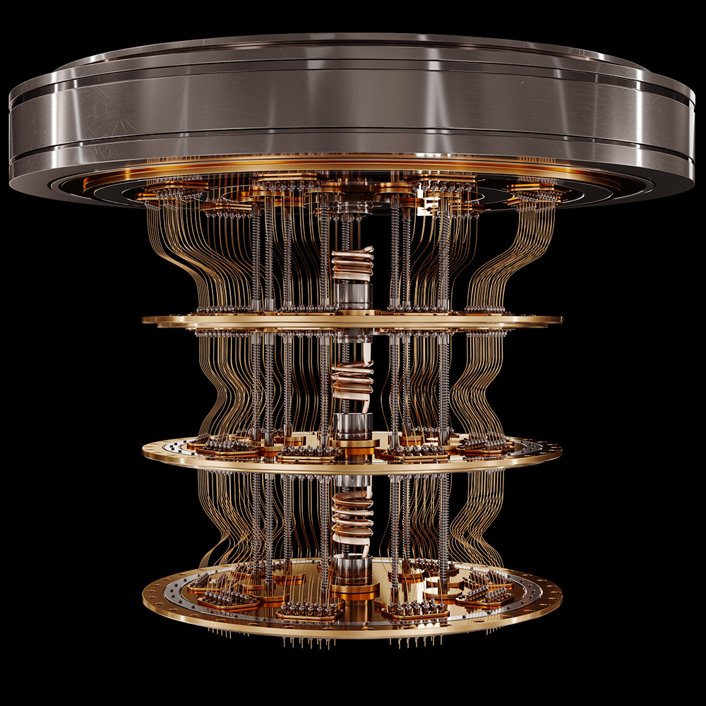 A detailed quantum computer with multi-layer circuits on a black background.